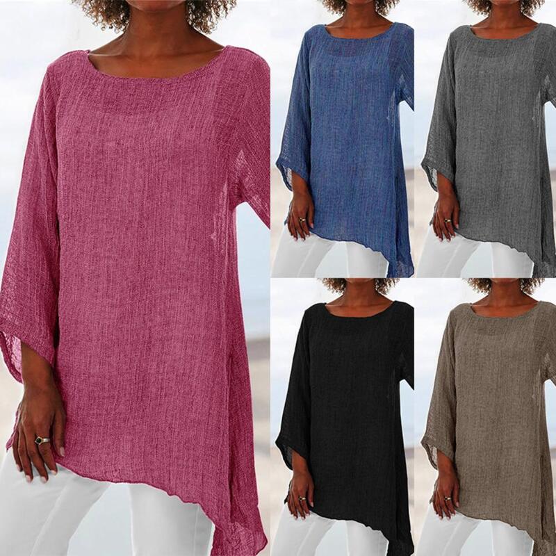 Blusa de lino y algodón para mujer, camisa de manga larga con cuello redondo, Color sólido, Túnica Irregular, Top de gran tamaño, primavera y verano
