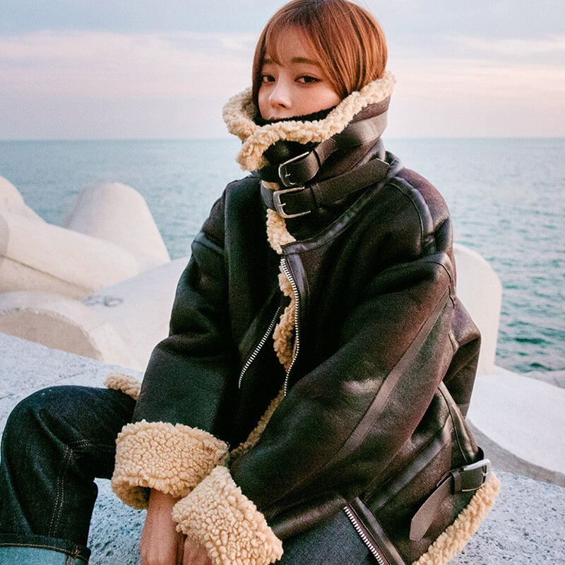 Куртка женская замшевая, с начесом, зимняя, свободная, 2020