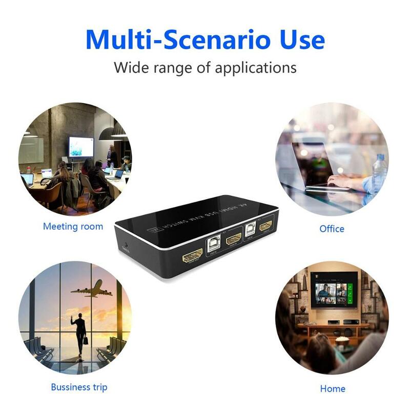 KVM HDMI USB Switch, 4K HDMI Switcher 2 in 1 Out for 2 Computers Share Keyboard Mouse Printer Monitor Support 4Kx2K@60Hz 3D