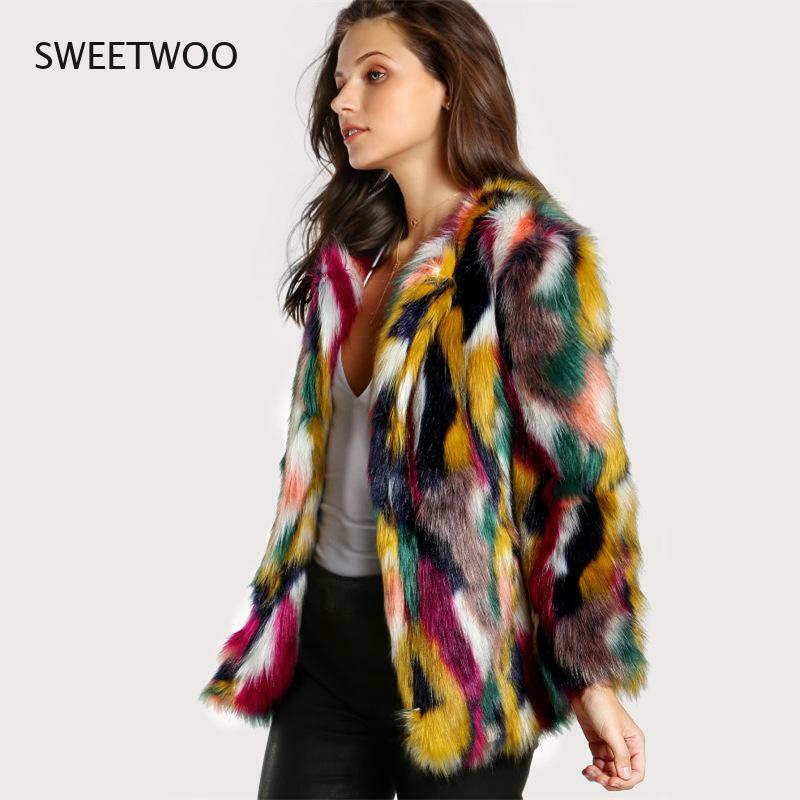 Casaco de pele de raposa, jaqueta arredondada sem gola com imitação de pele de raposa, casaco quente de inverno