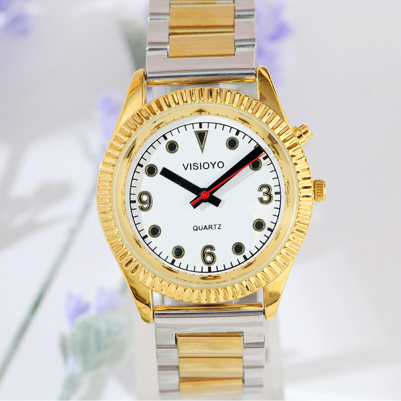 Французские говорящие часы с функцией будильника, говорящая Дата и время, белый циферблат, складная застежка, золотой чехол TAG-101