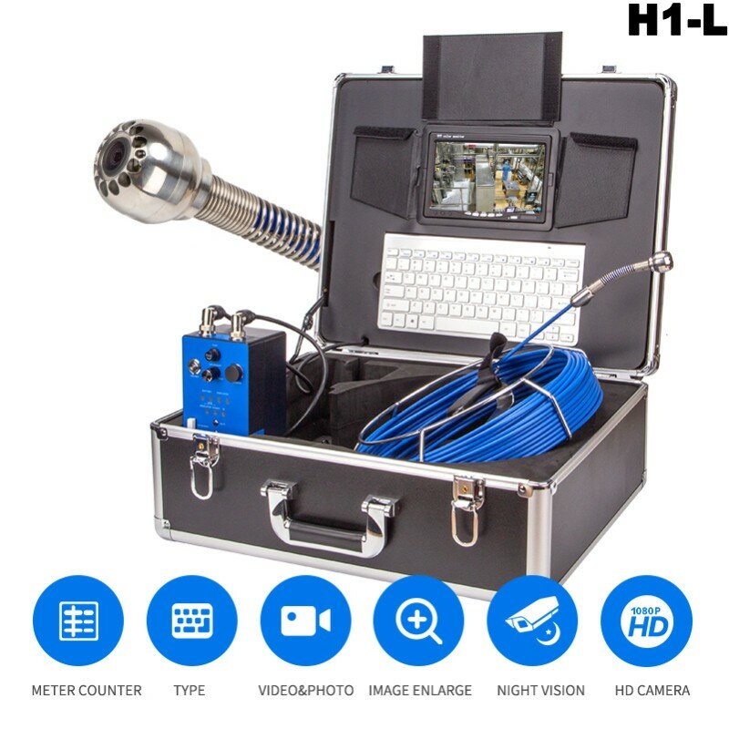 Câmera endoscópica h1 de 30m, com sistema de drenagem e inspeção de duto, com medidor e teclado