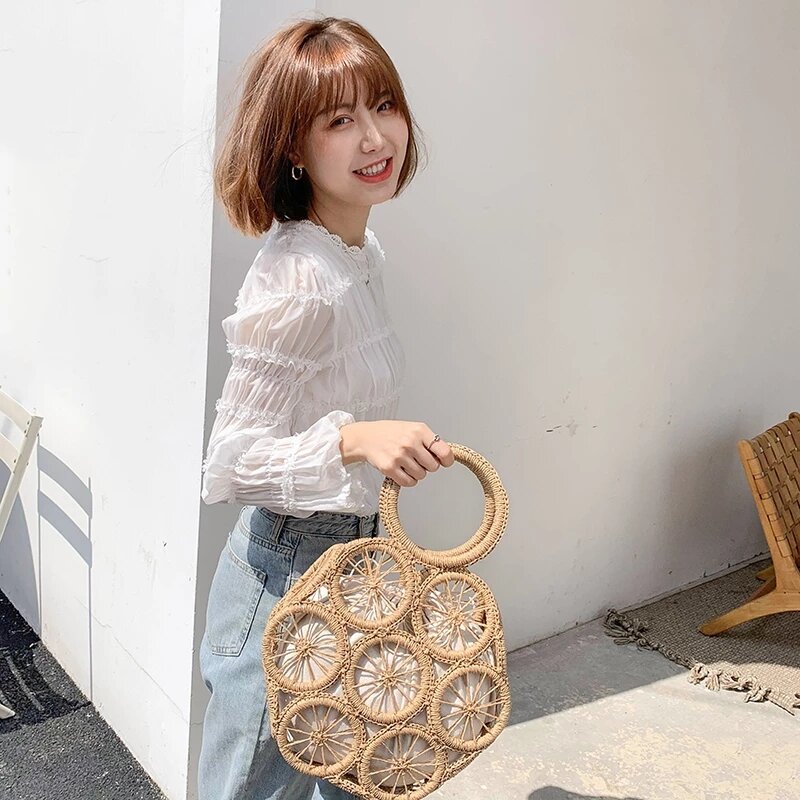 Borse di paglia vuote Vintage per donna Designer manico in legno corda intrecciata borse Rattan Summer Beach borse grandi borse da donna Bali