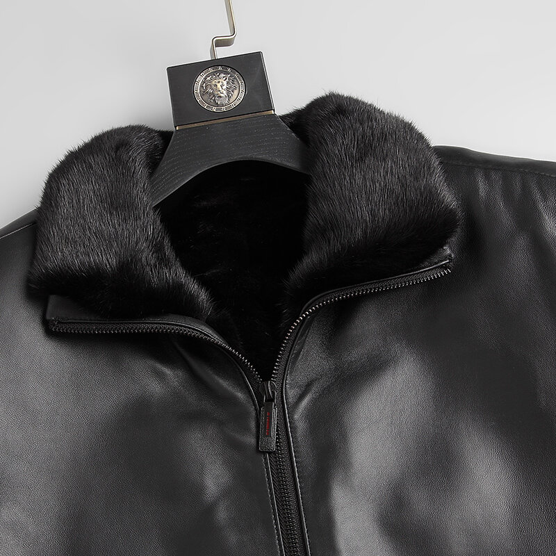 DK Nieuwe Mink Fur Kleding voor Mannen Winter Warm Black Top Kwaliteit Medium Lange Lederen Bont Jassen Mode Bont jassen