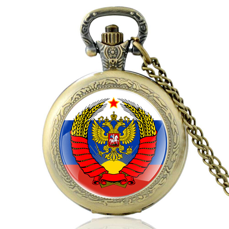 Russo emblema nacional de duas cabeças águia design preto relógio de bolso de quartzo do vintage masculino feminino pingente colar horas relógio presentes