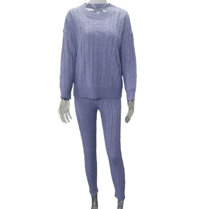 Conjunto feminino de malha de duas peças, roupas de manga comprida, suéter de um ombro, calças magras, agasalho outono e inverno