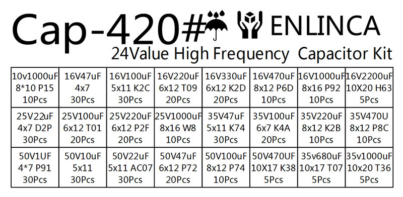 24 wert kondensator kit 16V 25v 35V 50V 22uf 0,1 uf 0,22 uf 220uf 100uf 100 0uf 2200uf 3300uf aluminium-elektrolytkondensator 420 stücke