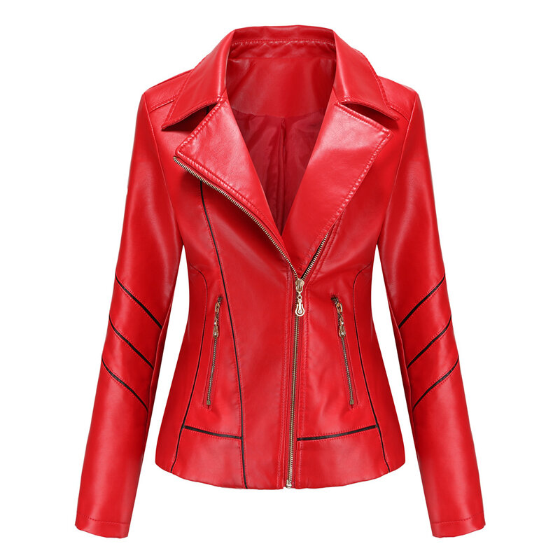 Jaket kulit wanita ritsleting, jaket kulit PU wanita musim semi musim gugur kerah Mandarin jaket pengendara Motor merah jaket pendek wanita