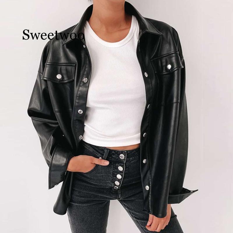 Blusa de cuero sintético con botones para mujer, camisa de manga larga, color negro, a la moda