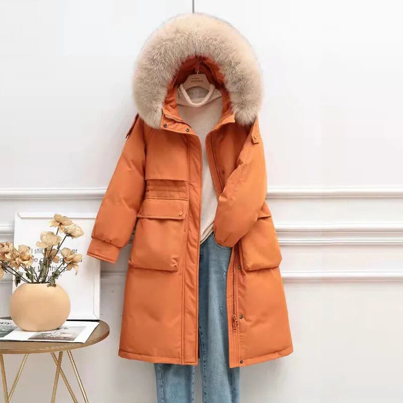 2021 Winter new down jacket women's medium and long white duck down large hairy collar is thin and thickened Parker coat