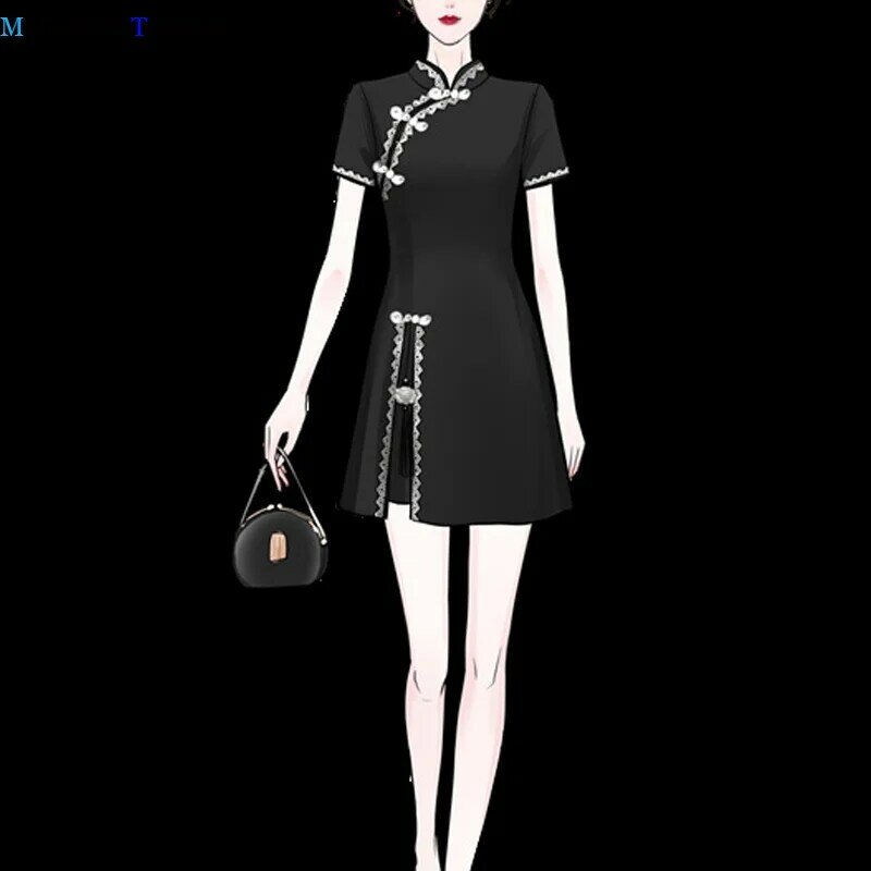 Traje de dos piezas de estilo Cheongsam para mujer, traje de dos piezas de gasa negra, corto y pantalones cortos, vestido femenino mejorado