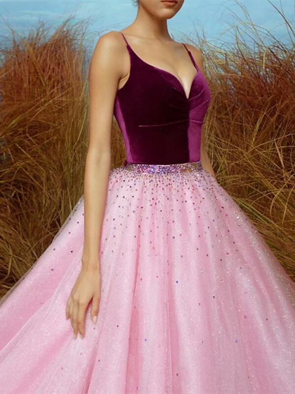 Luxo rosa beading superior veludo longo vestido de noite sexy decote em v sem mangas alças formal vestido de festa com arco 2022 robe de bal novo