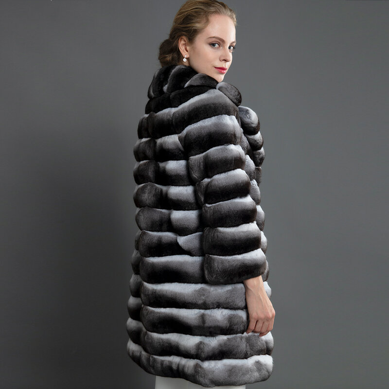 Mantel Bulu Penerang Jaket Bulu Kelinci Rex Alami Wanita Pakaian Luar Musim Dingin Mantel Kerah Setelan Mode Panjang 85 Cm
