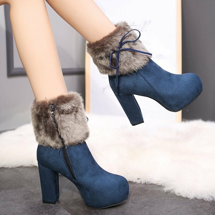 2019 winter heel snow boots for women Ankle Boots Warm Plush Snow Booties Women's Fashion Shoes High Square Heels