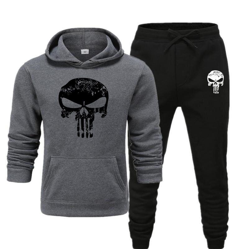 2ชิ้นชุด Hooded Sweatshirt + สายรัดกางเกงชายกีฬา Hoodies กีฬาผู้ชาย Skull ฤดูใบไม้ร่วงฤดูหนาว