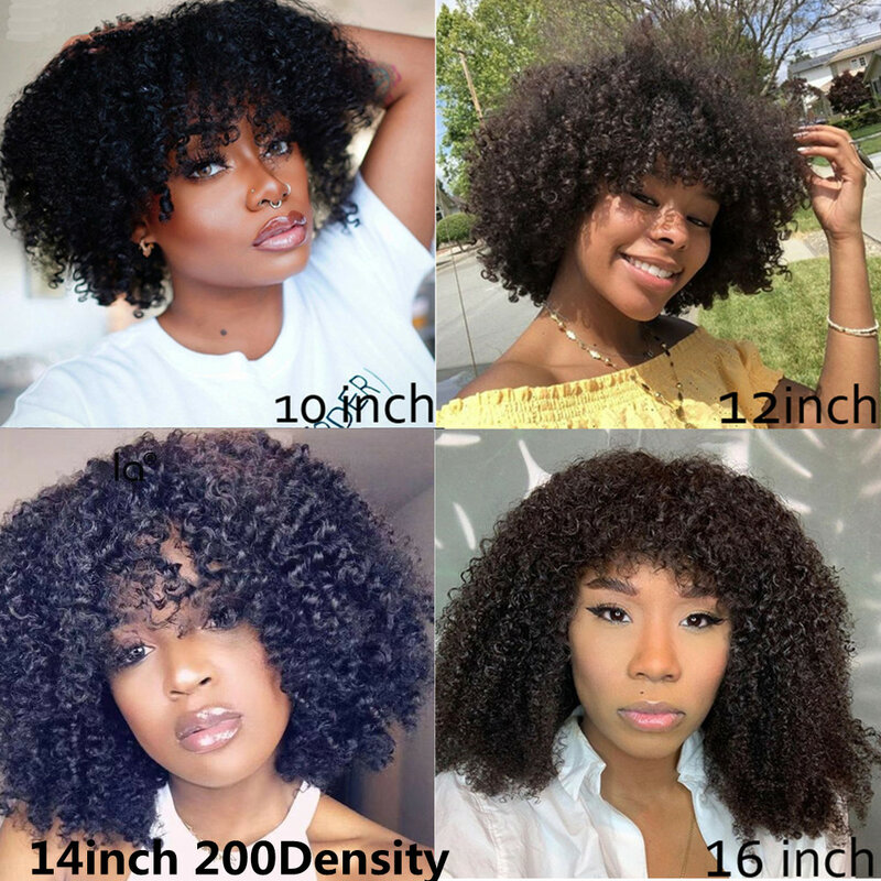 Pelucas de cabello humano brasileño Remy para mujeres negras, peluca Afro rizada, corta, hecha a máquina con flequillo, sin pegamento