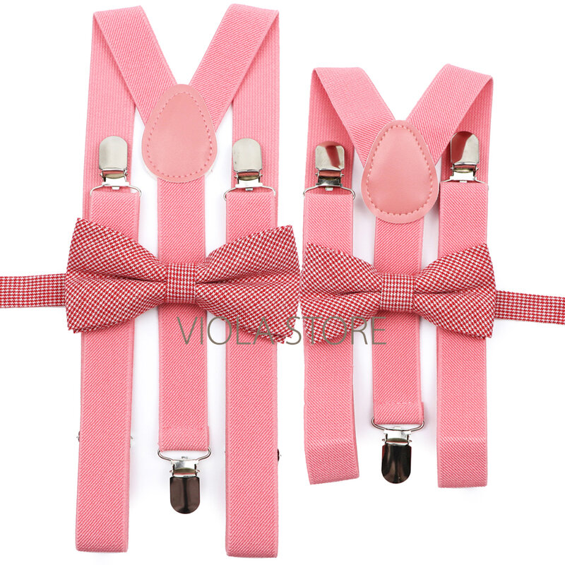 Set Suspender Bowtie Coklat Bergaris Kotak-kotak Anak-anak Populer Aksesori Rok Celana Kemeja Kupu-kupu Katun Wanita Y-back Kawat Gigi Anak Laki-laki Perempuan