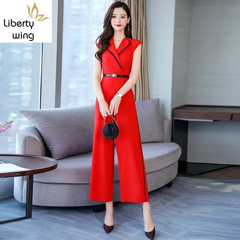 Summer Stylish Jumpsuit Women Wide Leg Trousers Elegant Slim Overalls Party Sleeveless Playsuit Red Black White Jumpsuits