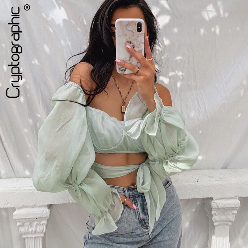 Cryptografische Vierkante Kraag Mode Flare Mouw Chiffon Blouse Shirts Zomer Backless Lace Up Crop Top Blouse Blusas Mujer Tops