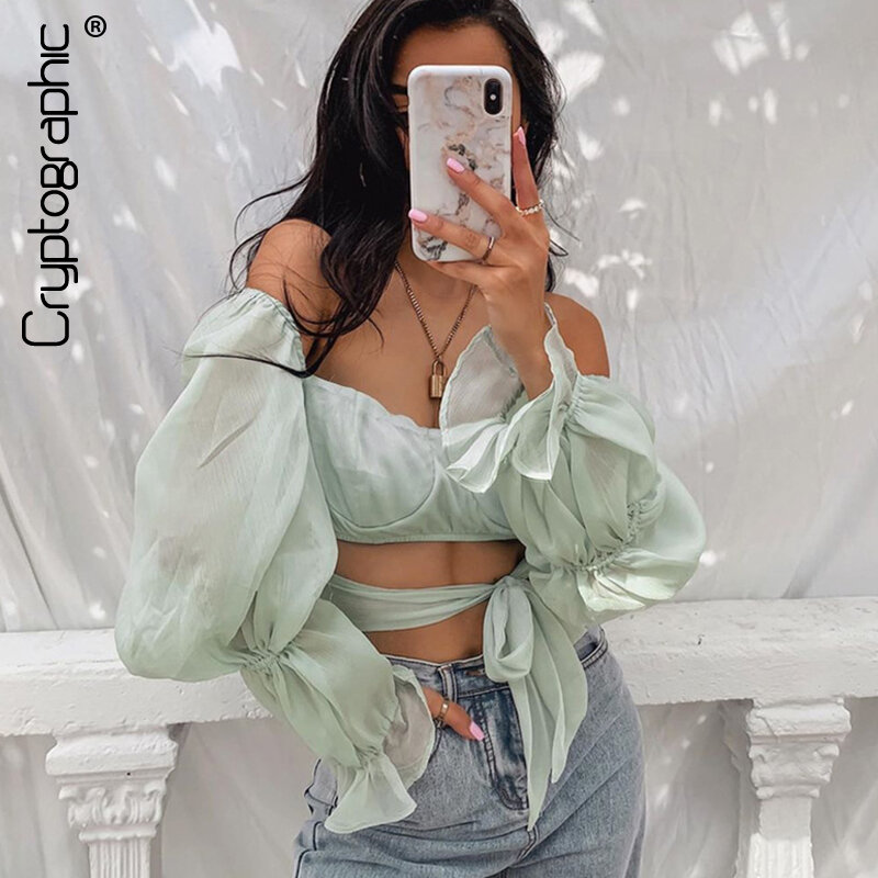 Crittografia Del Collare Del Quadrato di Modo Del Manicotto Del Chiarore Camicetta di Chiffon Camicette Estate Backless Lace Up Crop Top Camicetta Blusas Mujer Magliette E Camicette