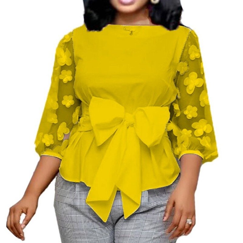 Office Dames Zomer Wit Werk Blouse Plus Size 2020 Vrouwen Tops Shirt Mesh Bloem Strikje Slanke Elegante Mode Vrouwelijke bluas