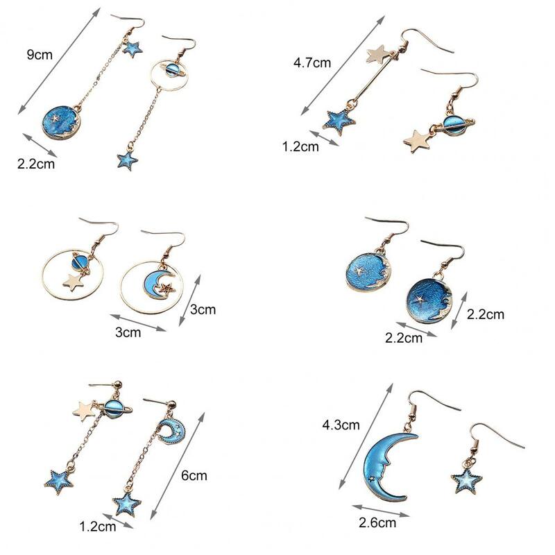 1 Pair Women Drop Earrings Cartoon Moon Star Asymmetric Jewelry Planet Pendant All Match Hook Earrings
