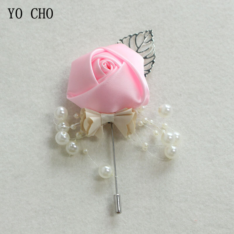 YO CHO Boutonniere for Men Groomsmen Corsage Artificial Fake Silk Flowers Handmade Groomsmen Pins Simple Wedding Party Decor