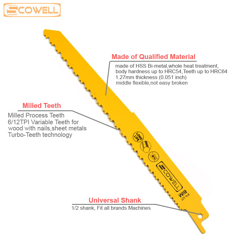 5 Pack 8 inch 6/12TPI Progressor Teeth Bimetal Reciprocating Saw Blade For wood and nail DIY Tools Sabre Saw Blades S3456XF