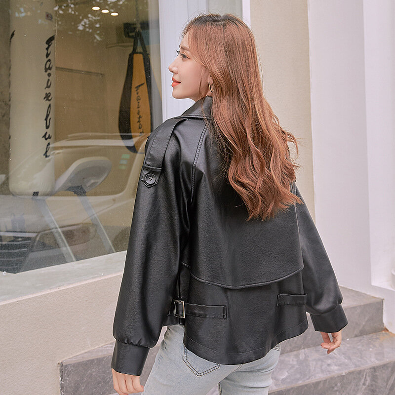 Осенняя Байкерская кожаная куртка для девочек, женская черная весенняя куртка из искусственной кожи, двубортная свободная повседневная верхняя одежда в Корейском стиле, уличная одежда