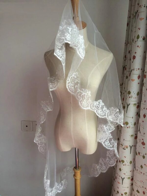 Uma camada laço borda casamento véu, acessórios baratos nupciais, marfim branco