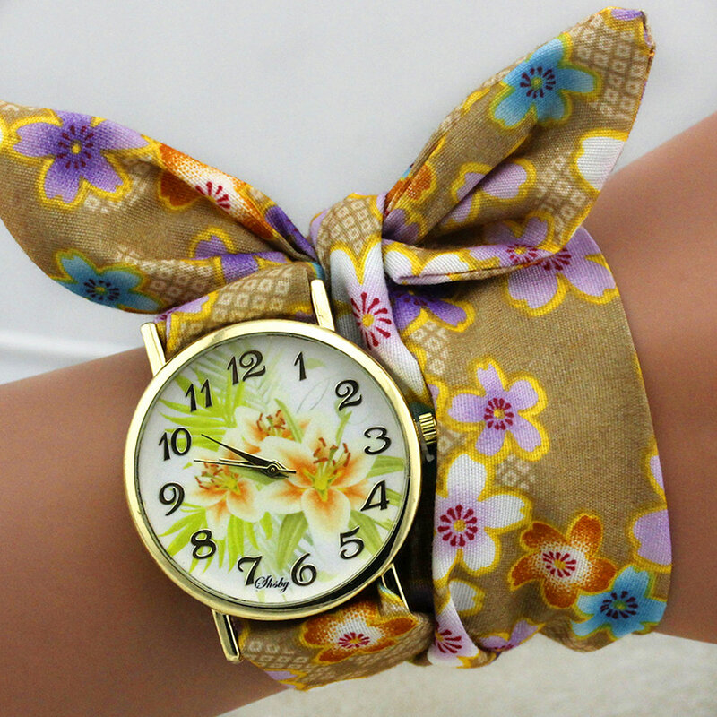 Shsby relógio de pulso feminino com estampa de flores e tecido, relógio de pulso dourado da moda, relógio feminino elegante de alta qualidade com tecido