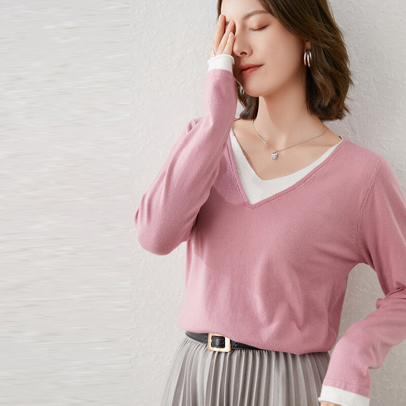 Имитация двух частей шерстяной свитер женский Осень-зима 2021 новый мягкий восковой с длинными рукавами популярный цветной пуловер рубашка с V-образным вырезом