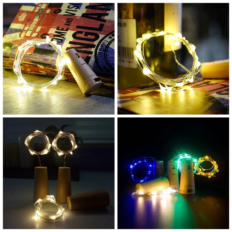 Guirnalda de luces LED de corcho de vino, luces de hadas con batería de botón, fiesta de Navidad, luces de colores impermeables, LR44