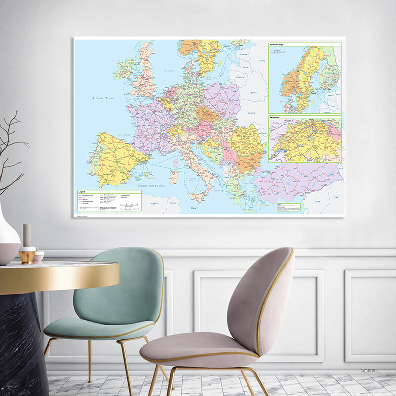 Постер на нетканом холсте, 225 х150 см, Европа, политическая карта дорожного движения, большой, школьные принадлежности, украшение для дома