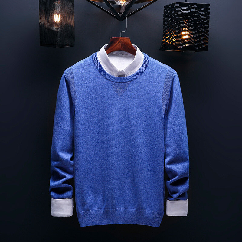 Musim Semi dan Musim Gugur Pria Sweater Korea Rajut Leher Bulat Sweater Tren Warna Solid Jaket Lengan Panjang Kemeja