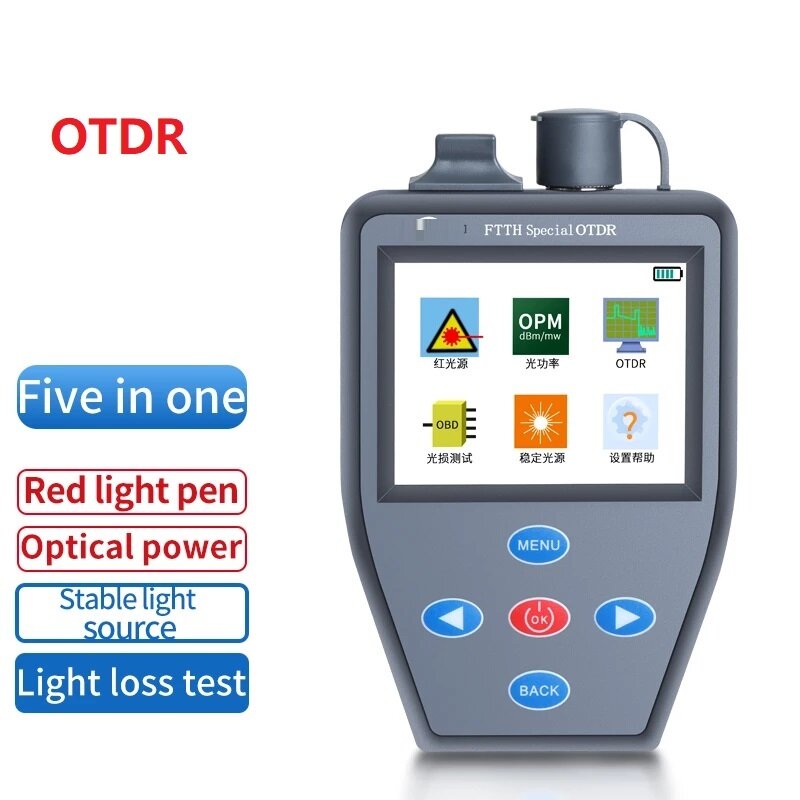 obsługuje portugalskie 5 w 1 FTTH OTDR Źródło światła czerwonego + stabilne Wielofunkcyjne Znajdowanie światłowodu OPM VFL