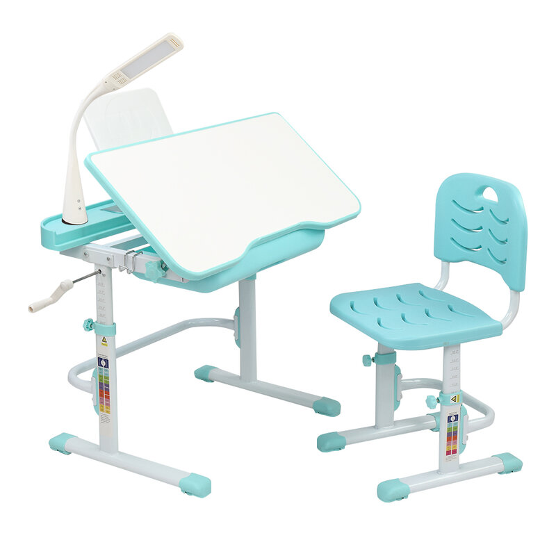 70/80CM 핸드 크랭크 리프팅 탑 어린이 학습 테이블과 의자 블루 그린 (독서 스탠드 USB 인터페이스 책상 램프 포함)