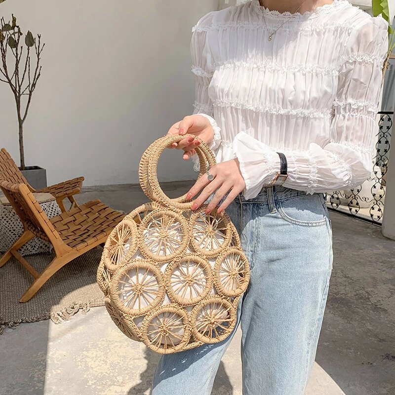 Borse di paglia vuote Vintage per donna Designer manico in legno corda intrecciata borse Rattan Summer Beach borse grandi borse da donna Bali