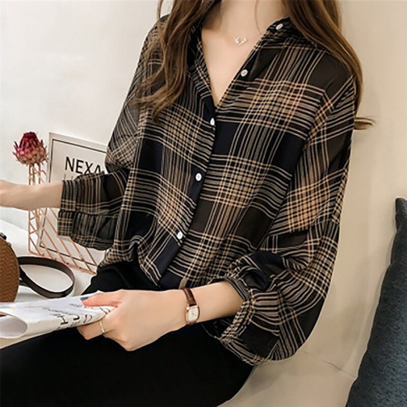 Blusa xadrez manga comprida, camisa feminina folgada com gola virada para baixo botões