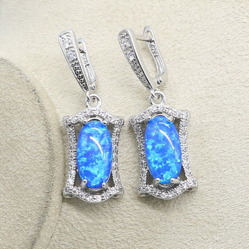 95%off Silver 925 Blue Opal Bridal Jewelry Sets For Women Necklace Earrings Pendants Ring Sets For Birthdays Gift