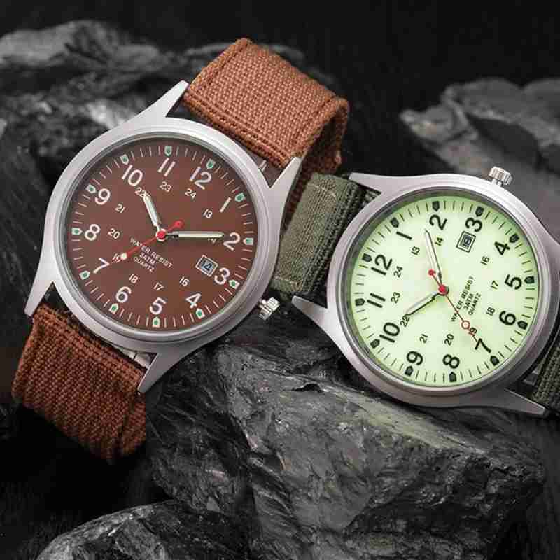 นาฬิกาสำหรับชายส่องสว่างเข็มขัดผ้าใบเข็มขัดทอเรืองแสงสีเขียวนาฬิกาผู้ชายชายแฟชั่นปฏิทินของขวัญ