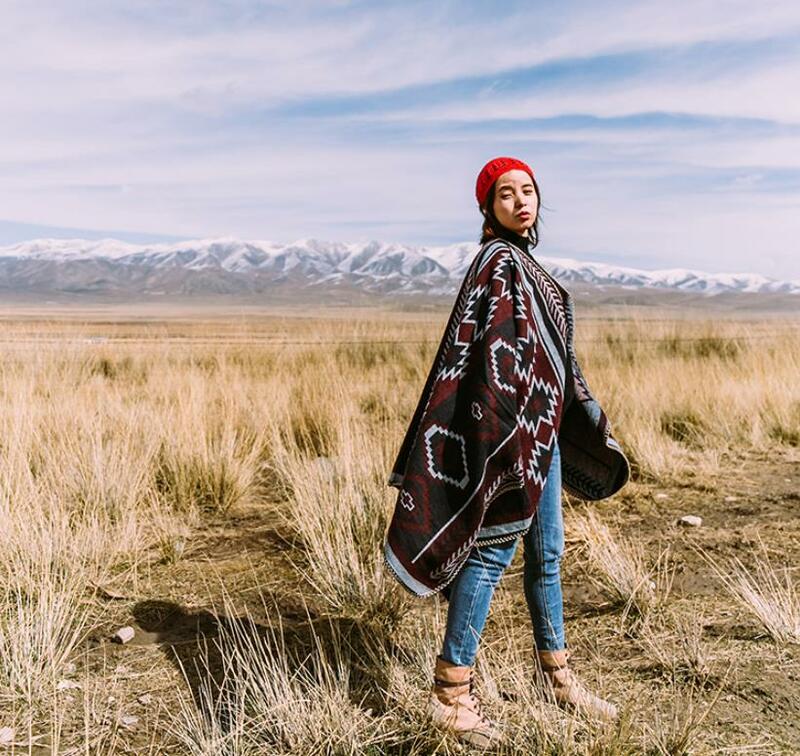 青海チベット高原草原リゾート風のマント幾何学模様肥厚多機能暖かいショール旅行毛布