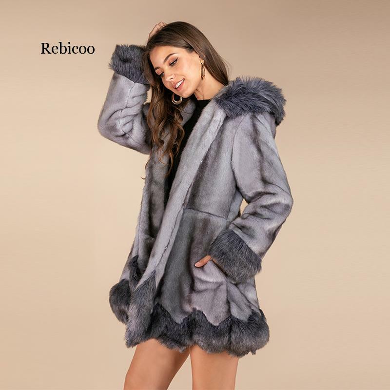 Casaco de pele falsa elegante, feminino, jaqueta de pele com capuz, cinza, grosso, inverno, peludo, roupa externa, sobretudo