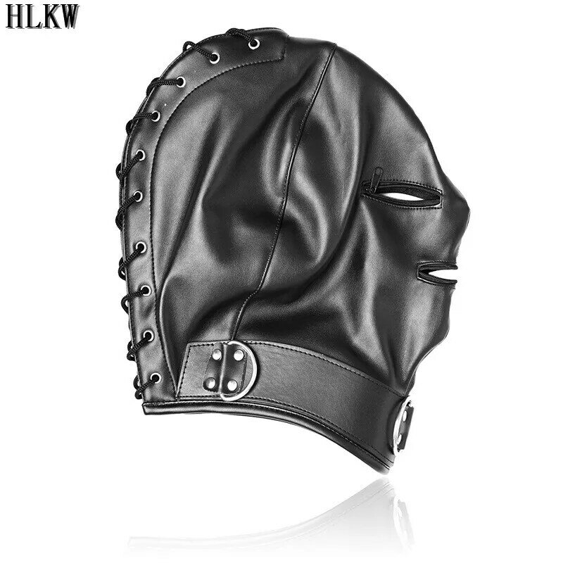 Leather Mask Hood Zipper Mouth Gag Halloween Full Gimp Open Eyes Lockable Slave Slipknot Venom Scary Demon Horns Goblin Slayer