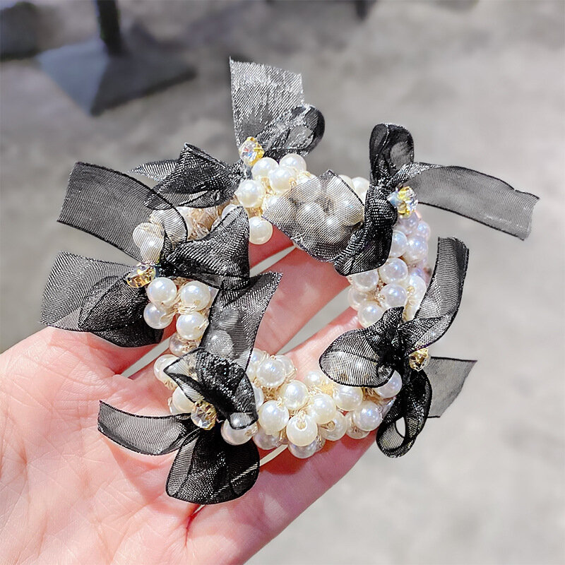 Ruoshui – bandeau élastique en dentelle avec perles pour femme et fille, chouchous élégants avec nœud papillon, accessoires pour cheveux, couvre-chef avec bande en caoutchouc
