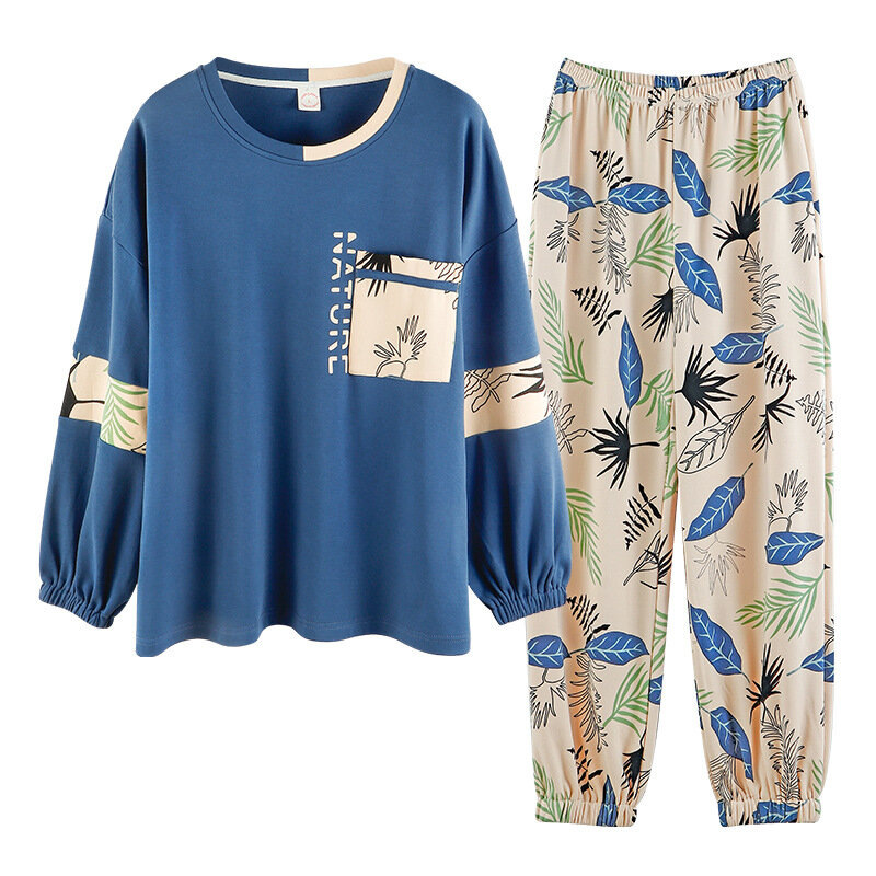 Conjunto de pijama de algodão feminino, pijama de desenho animado fofo para mulheres roupas de dormir sem manga longa outono