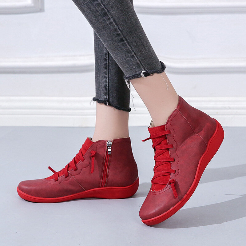 2020 Womens Boots Ankle Socofy PU Leather Lace Up Booties Woman Big Size Cross Strap Flats Winter Spring Boots Women Shoes Short