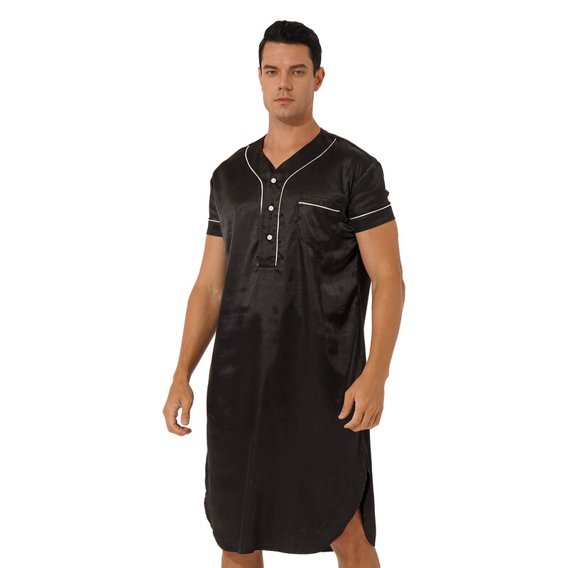 Mannen V-hals Korte Mouw Satin Pyjama Nachthemd Knop Gebogen Zoom Trui Nachtkleding Night-Gewaad Met Pocket Nachtkleding