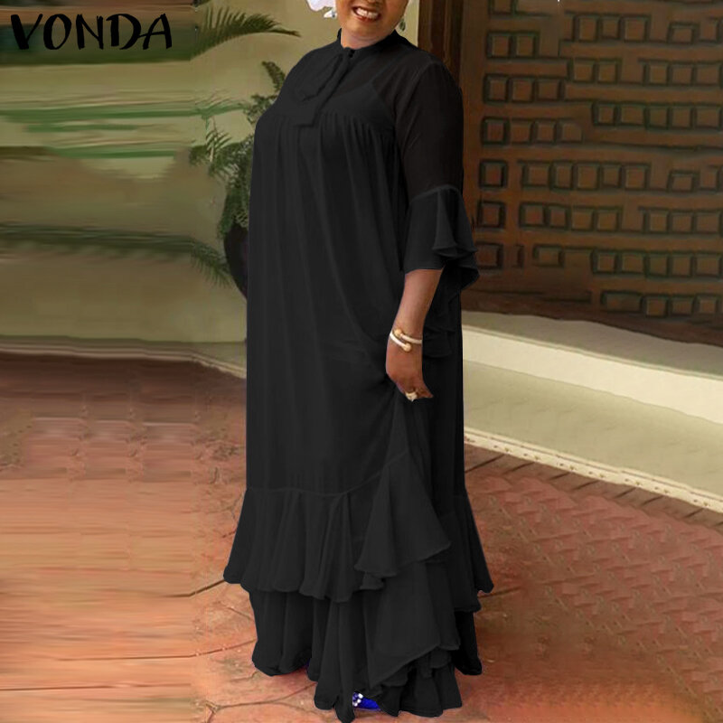 VONDA-Robe longue plissée à volants pour femme, col en nœud, manches évasées, robe de soirée bohème, robe maxi, été, 2023