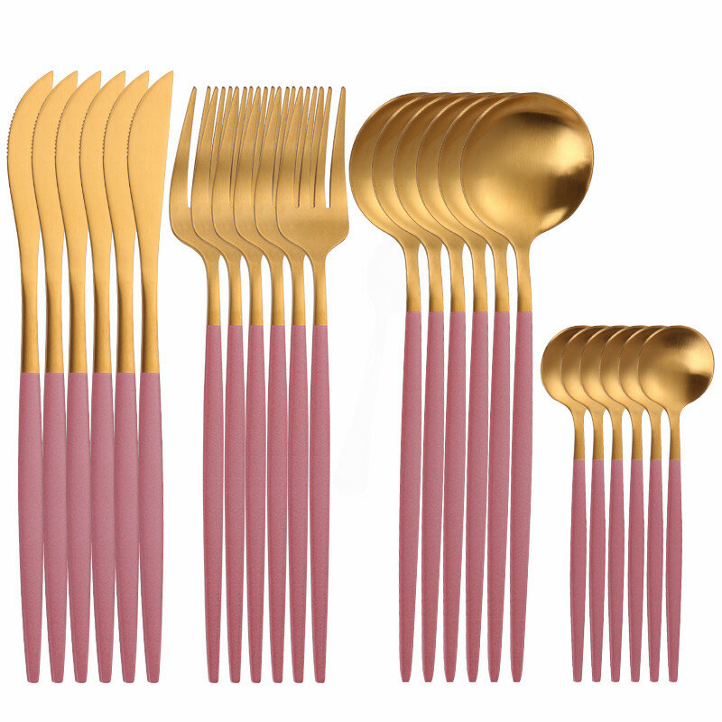 Set di stoviglie in acciaio inossidabile Set di posate in oro e rosa 24 pezzi Set da pranzo opaco stoviglie da cucina cucchiaio forchetta coltello stoviglie